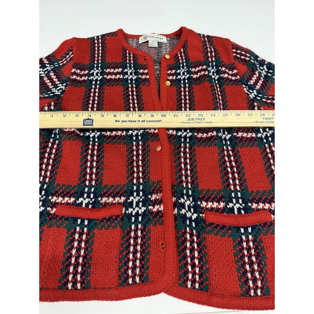 VTG Crystal Kobe S/P Cardigan Red Black Holiday Plaid Gold Button Knit Sweater - Picture 3 of 6